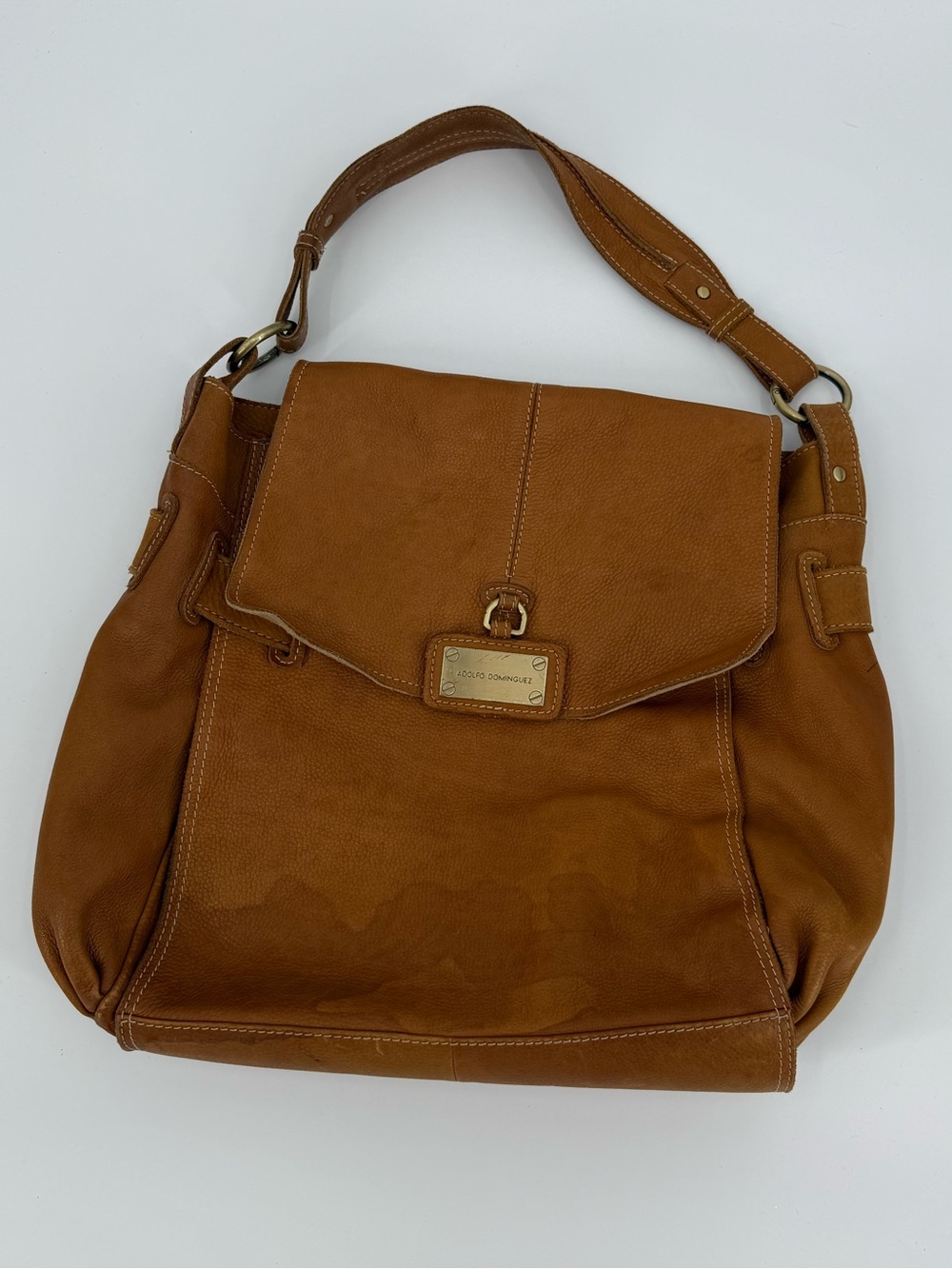 Adolfo Dominguez Leather Flap Shoulder Bag | Cognac
